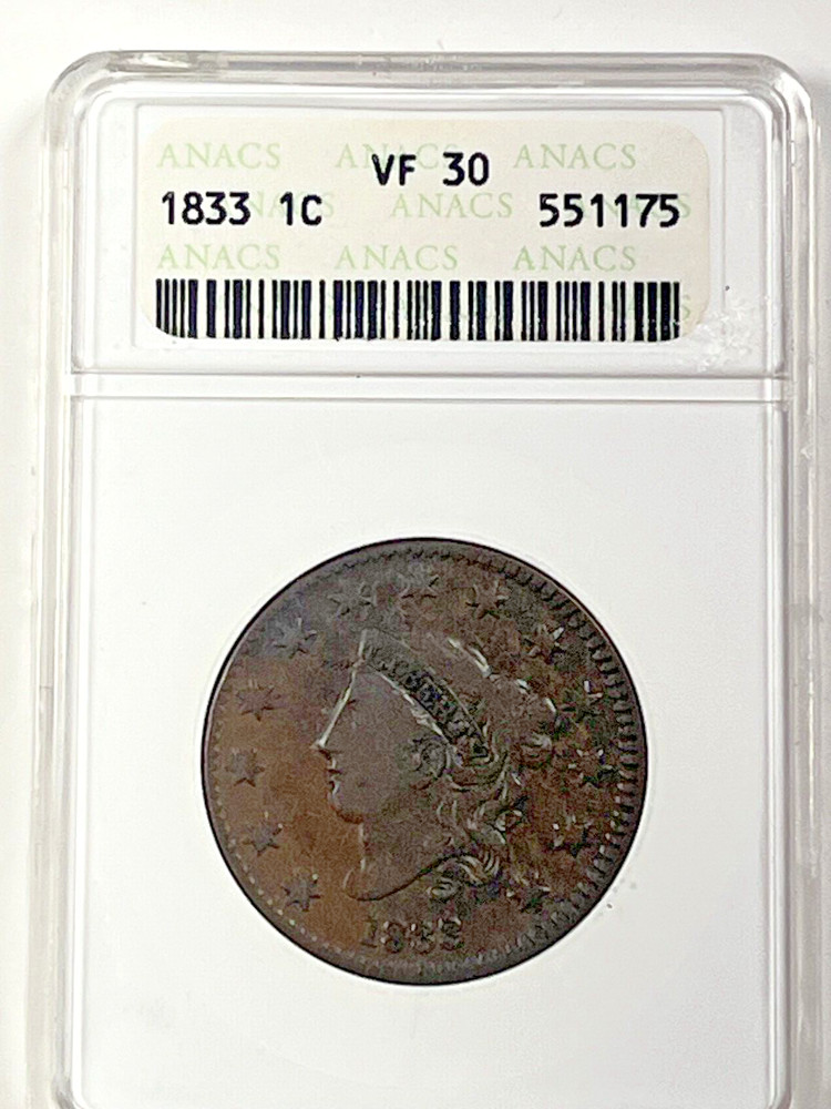 1833 Coronet Head  Large Cent : ANACS VF30