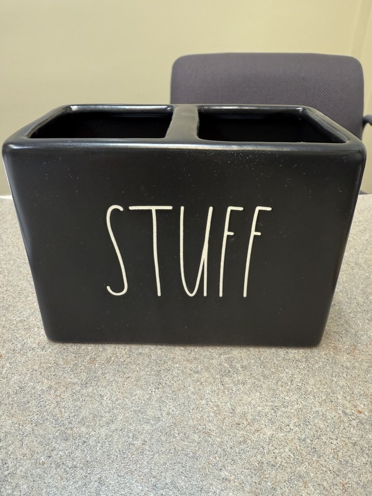 Rae Dunn 'Stuff' 2 Section Divided Container Storage Desk Organizer Black