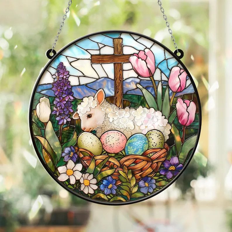 Easter Lamb Stained Glass Suncatcher Window Decor