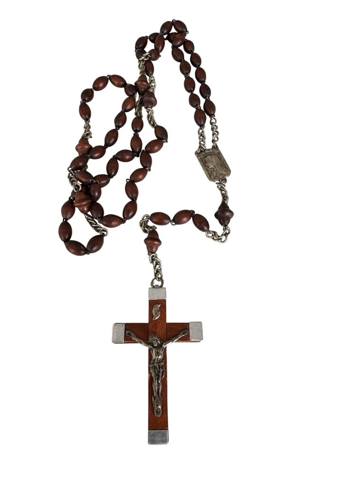 RARE French Lourdes Rosary Prayer Wood Beads Mary Jesus Crucifix Holy Vail