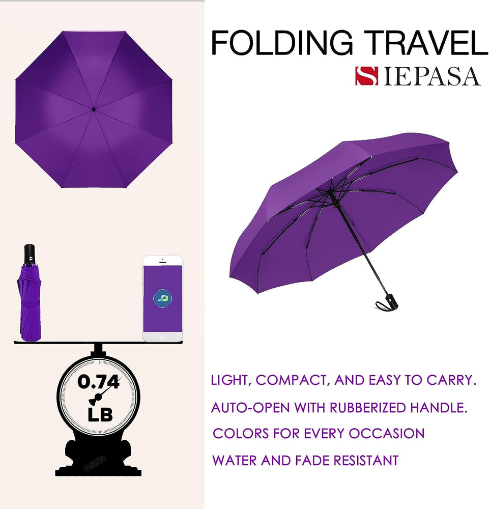 SIEPASA Windproof Travel Compact Umbrella-Automatic Small Size, Purple