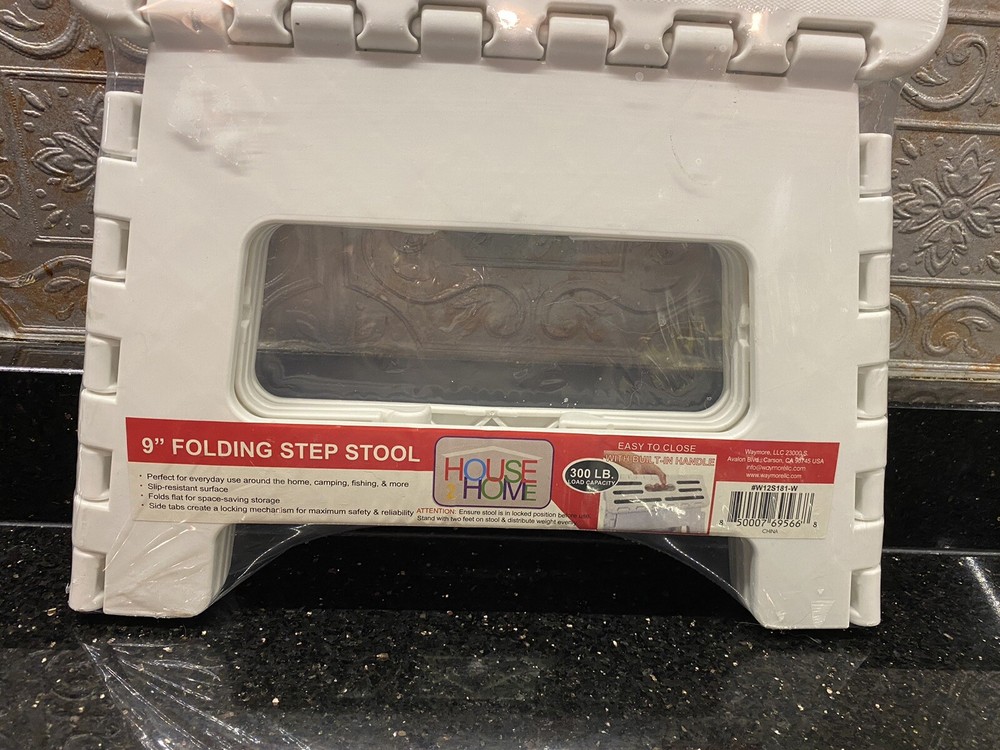 NIP House 2 Home 9" Plastic 1 Step Folding Step Stool 300# Load Capacity White