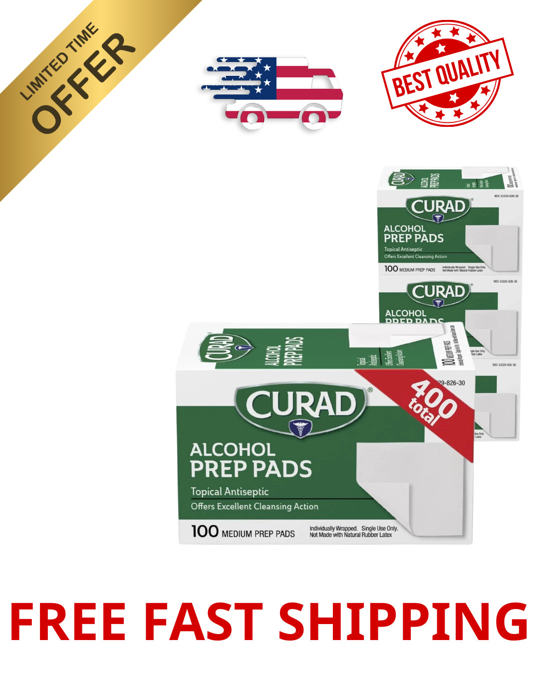 CURAD Alcohol Prep Pads (Pack of 4 Boxes) | 400 Pieces of Medium Isopropyl Wipes