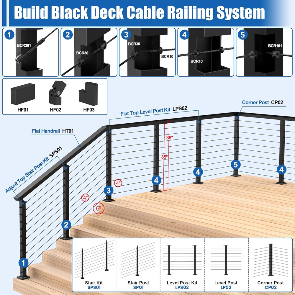 CKE 10Ft-15Ft Complete Set 36" Cable Railing Post Kit, 3Pack Black Level Drilled