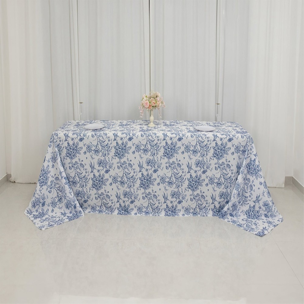 90" x 132" Blue French Toile Pattern Polyester Rectangular Tablecloth