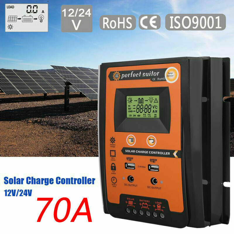 Panel Battery Regulator 70A 12/24V Dual USB Solar Charger Controller
