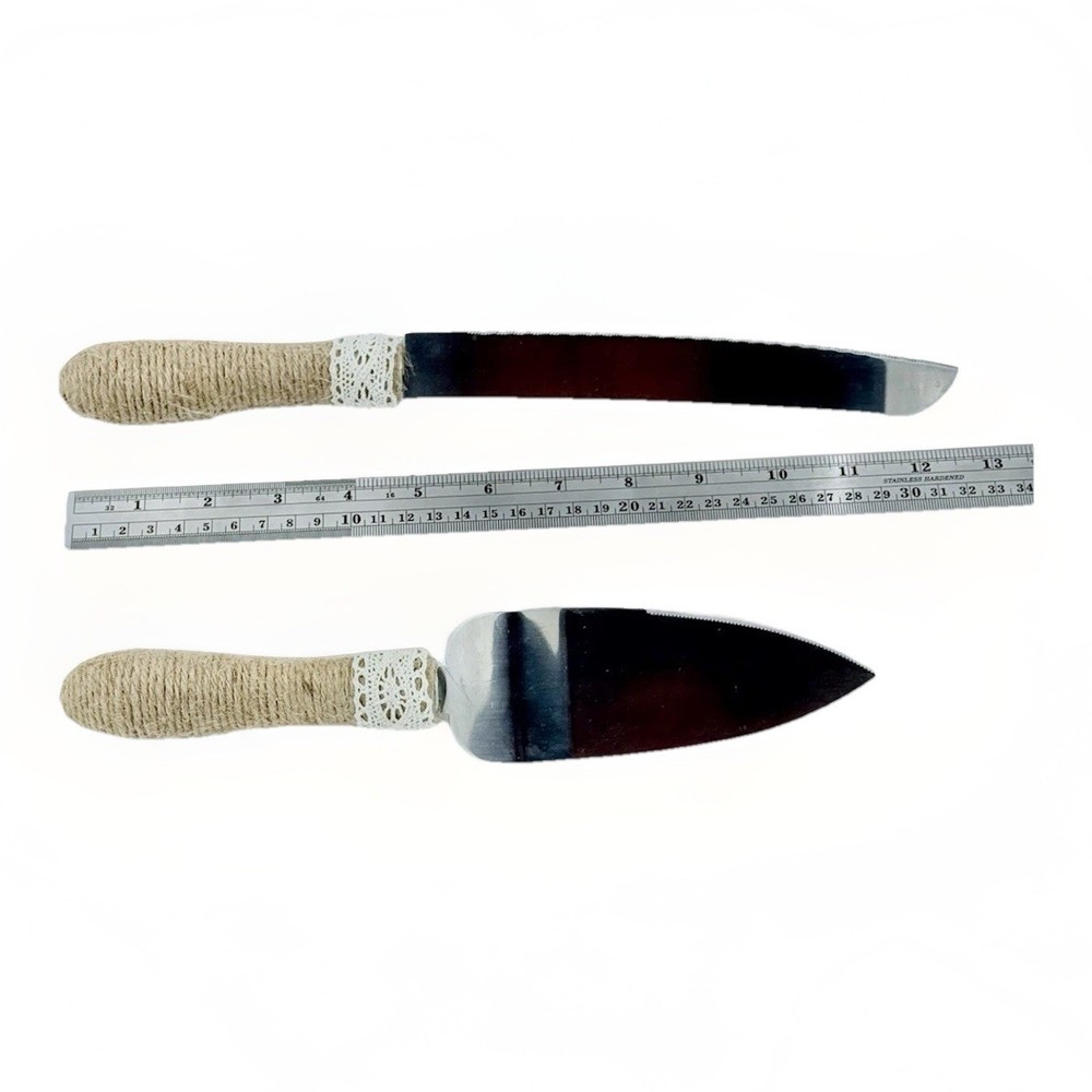 VTG Rustic Cake Server Knife Set Twine Wrapped Handles Stainless