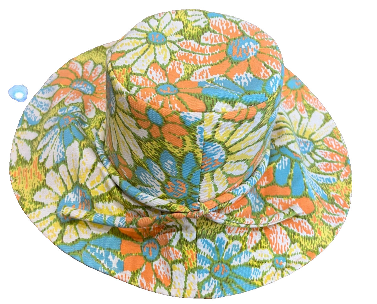 Groovy Vintage Fits All Japan Womens Floral Hat Cotton Bucket Floppy Orange Blue