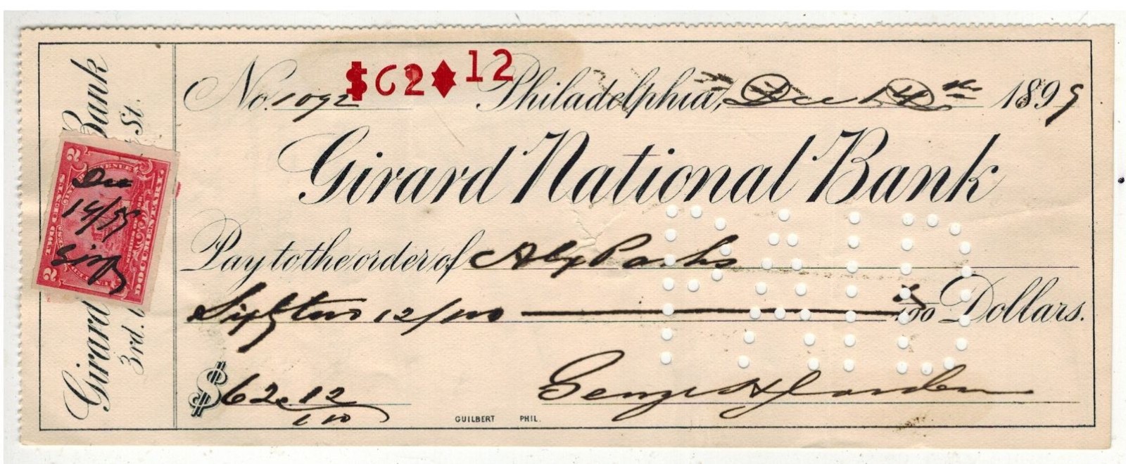 #32 OLD BANK CHECK PHILADELPHIA 1899 GIRARD NATIONAL BANK & SIGNED DOCUMENTARY