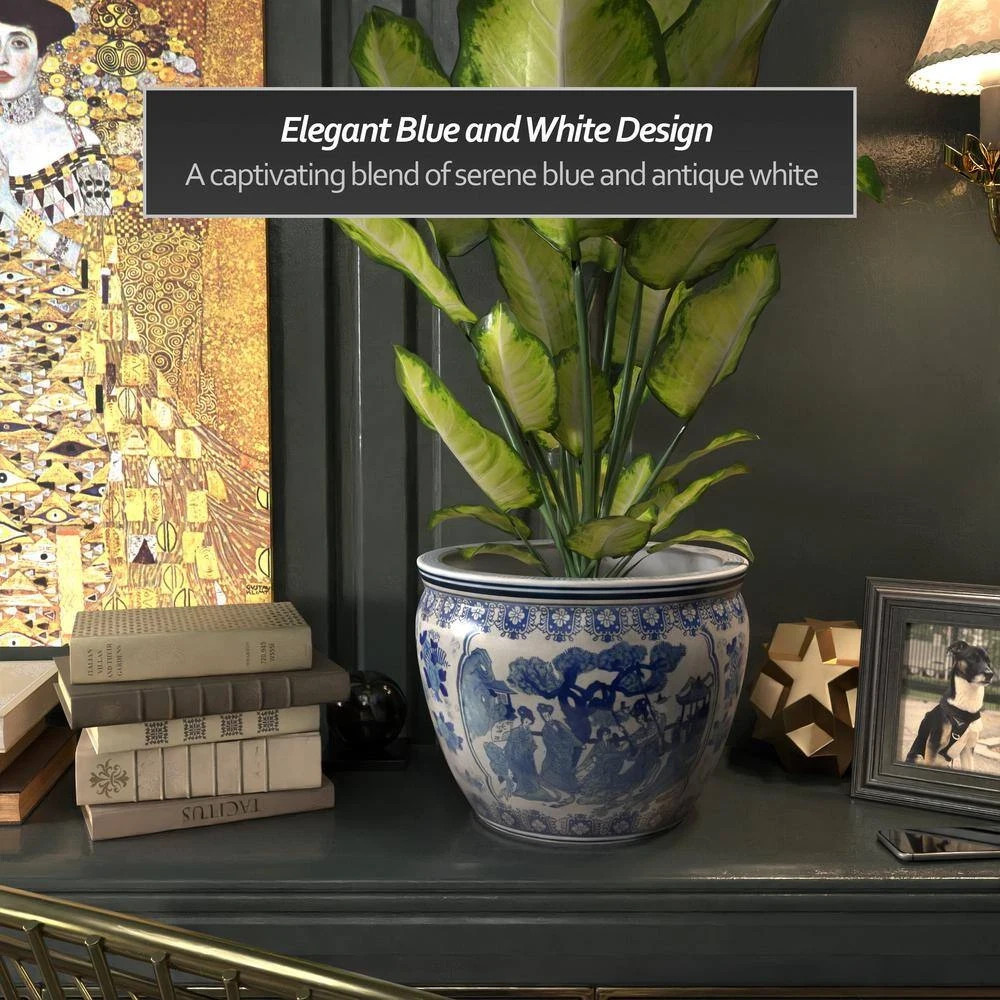 Red Lantern 14 in. Ladies Blue and White Porcelain Fishbowl