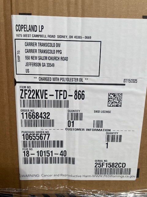 COPELAND SCROLL COMPRESSOR ZF22KVE-TFD-866 (NEW)