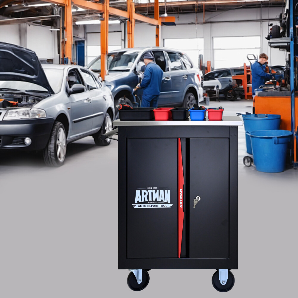 Double-Door Clapboard Multi-Function Tool Cart with Metal Back Panel & Wheels