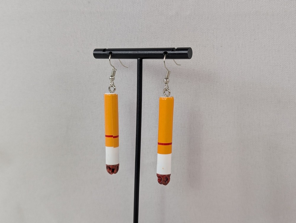Lit Cigarette Silver Tone Hook Drop Dangle Pierced Earrings Smoking Halloween