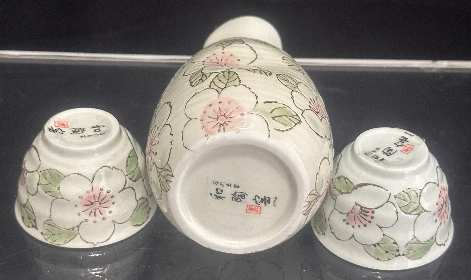 Japanese Ceramic Sake Set Hand Painted Cherry Blossom Motif