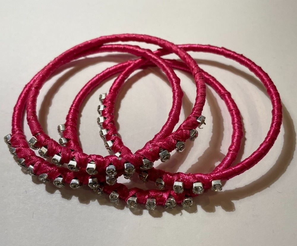 Summer Pink 4 Rolled Satin Rhinestones Stackable Bangle Bracelet DD1