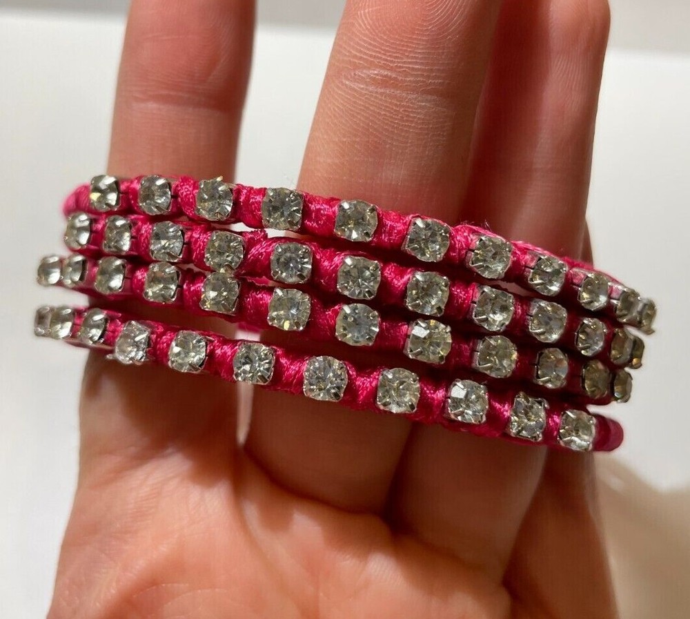 Summer Pink 4 Rolled Satin Rhinestones Stackable Bangle Bracelet DD1