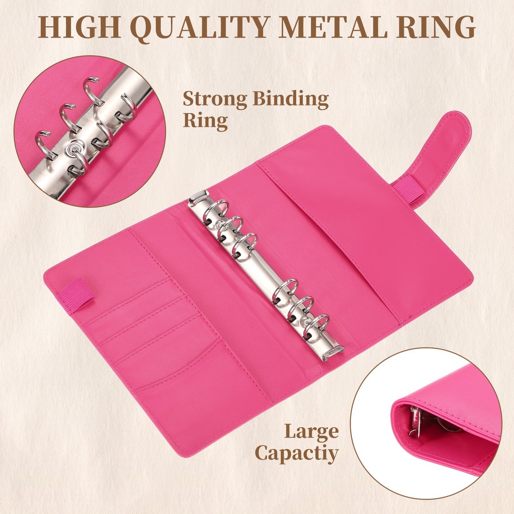 A6 PU Leather Binder Protector, 6 Ring Loose Leaf Notebook Shell, Rose Red