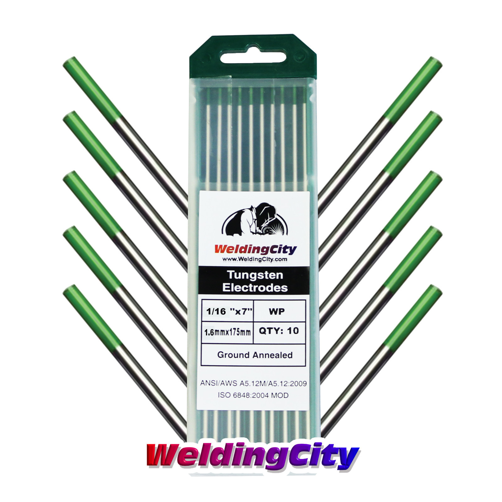 WeldingCity® 10-pk TIG Welding Tungsten Electrode Pure (Green) 1/16" x 7" | USA