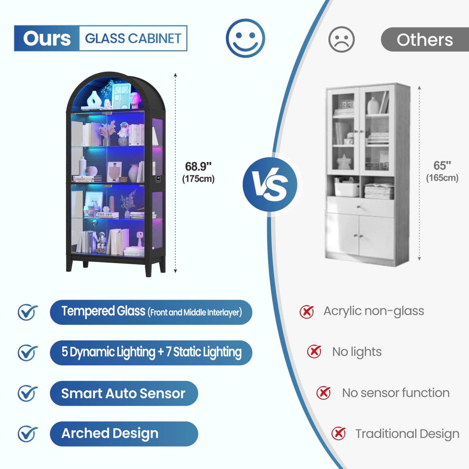 Black Curio Cabinet with Glass Doors, 69" Arched Display Cabinet with RGB Lights