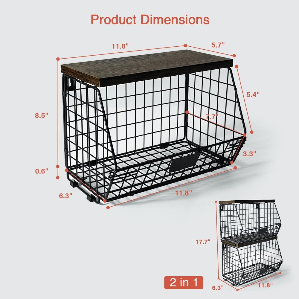 Hanging Wall Fruit Basket for Kitchen Counter 2 Pack, Stackable Wire Baskets ...