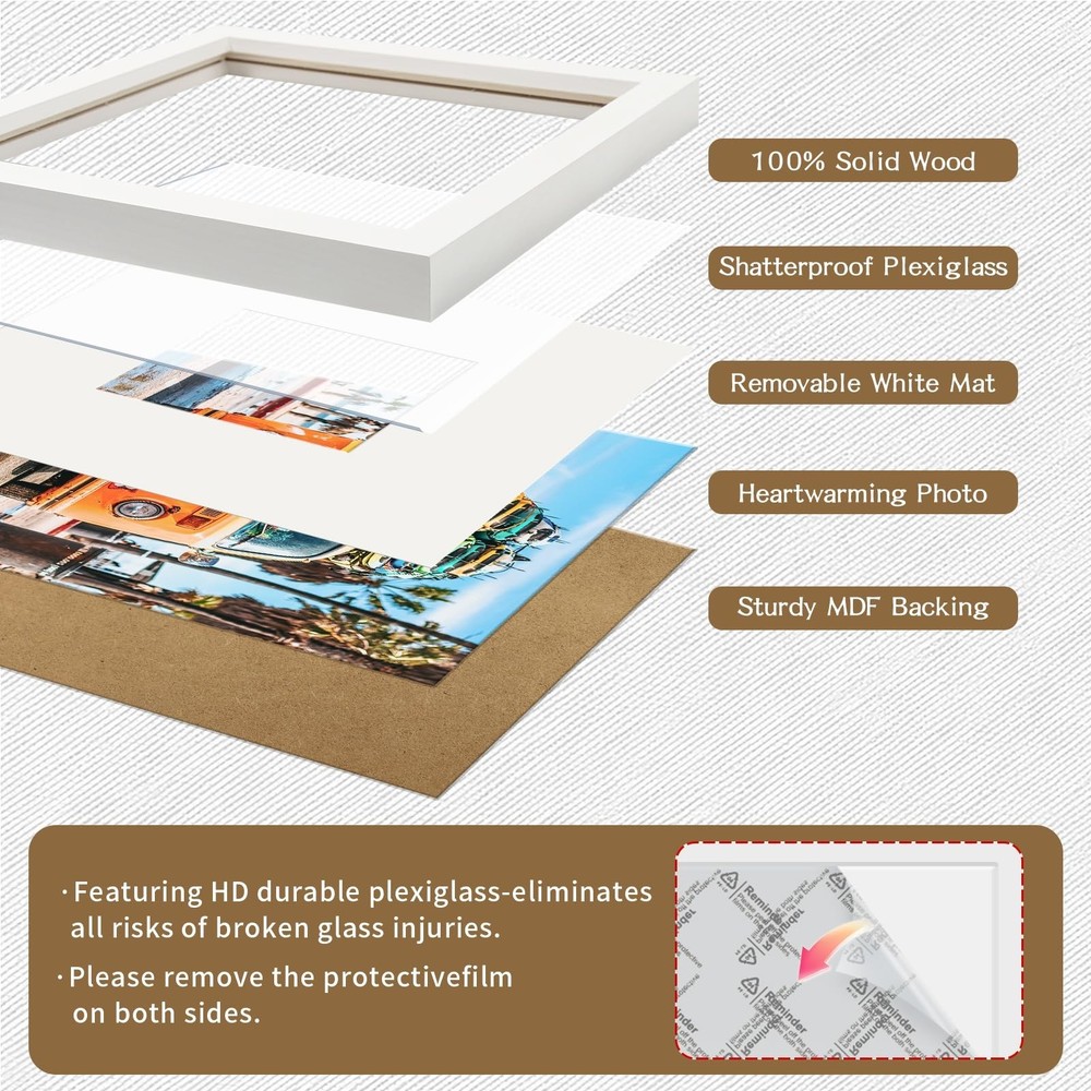 Picture Frames 8x8 White Nature Solid Wood 2 Pack for Wall Mount and Tabletop...