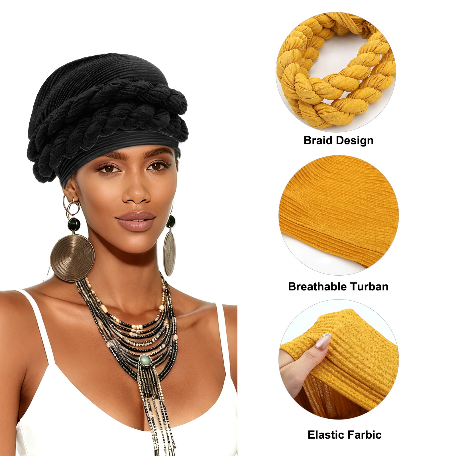 3PCS Braided Turban for Women Soft Pretied Twist Head Cover Stretchy Lightweight