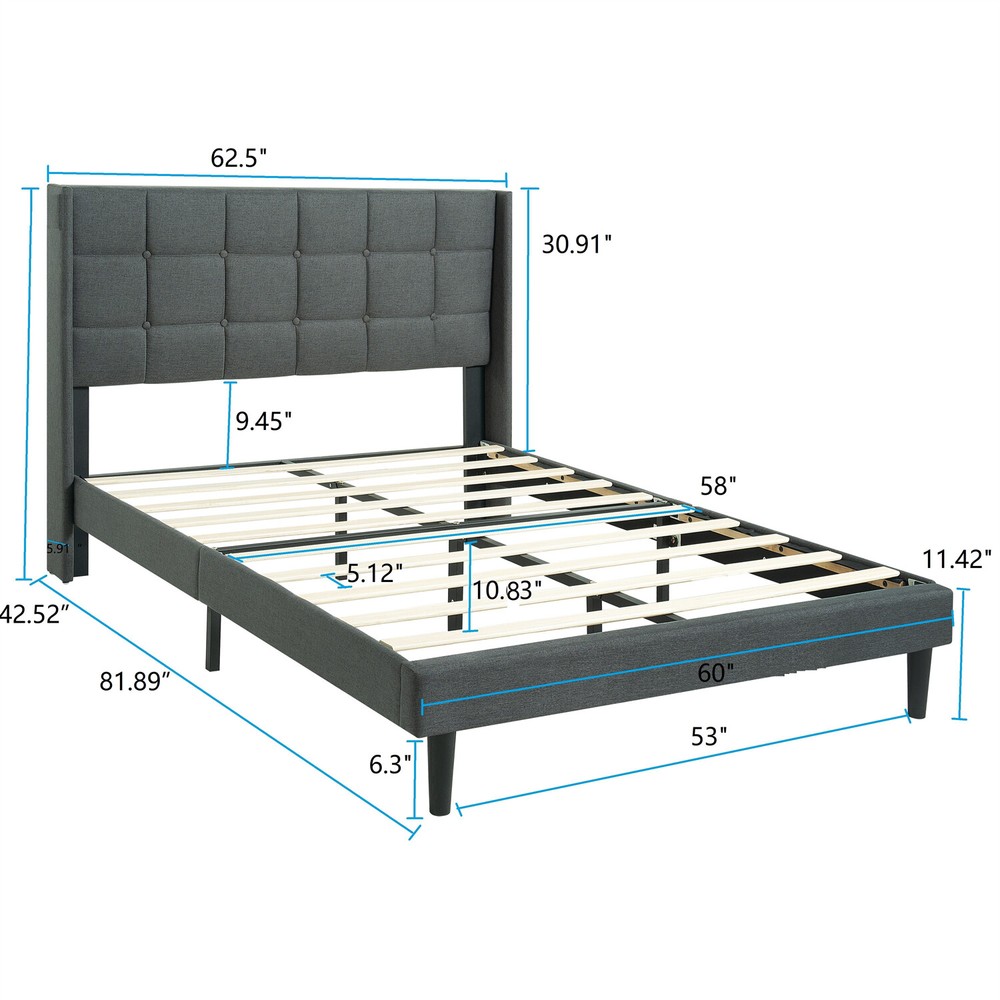 Queen Size Bed Frame Upholstered Platform Bed Frame w/ Headboard Drak Grey
