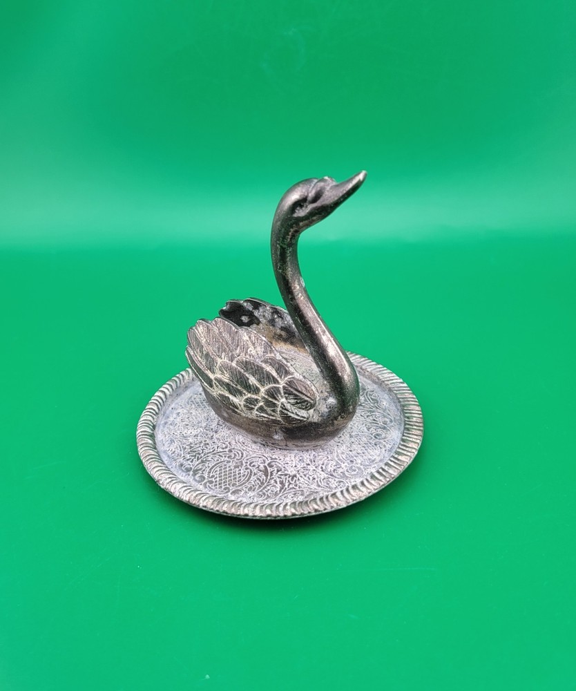 Vintage Plated EP Zinc Silver Swan Trinket Dish Bird Ring Holder Vanity Decor
