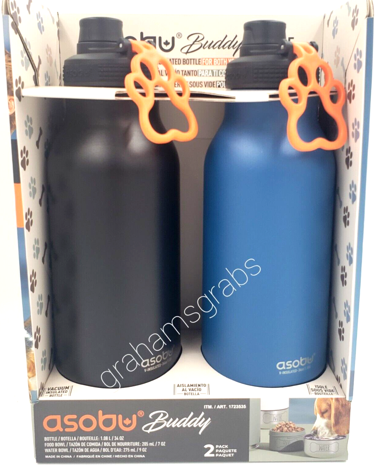 ASOBU BUDDY VACUUM INSULATED 34 oz WATER BOTTLE + DOG FOOD & WATER BOWL 2 PACK