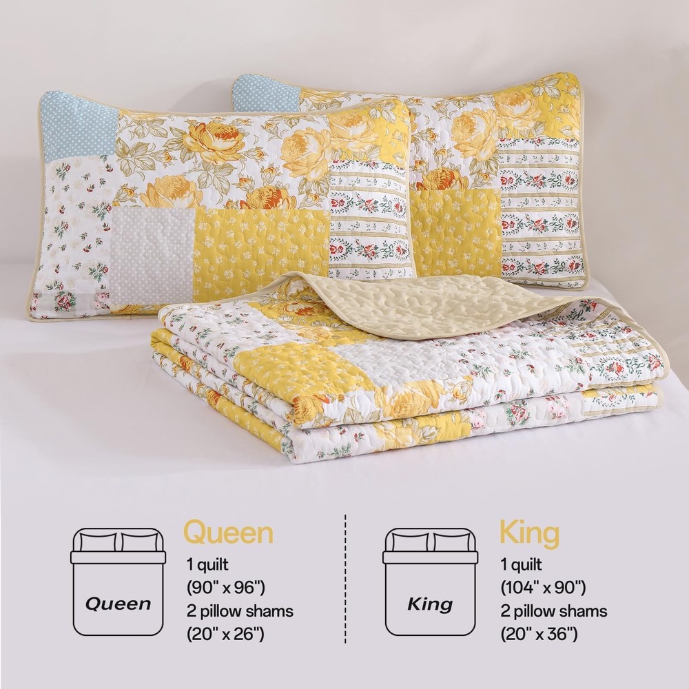 Anibedding Yellow Patchwork Quilt Set Queen Size Boho Floral Queen,