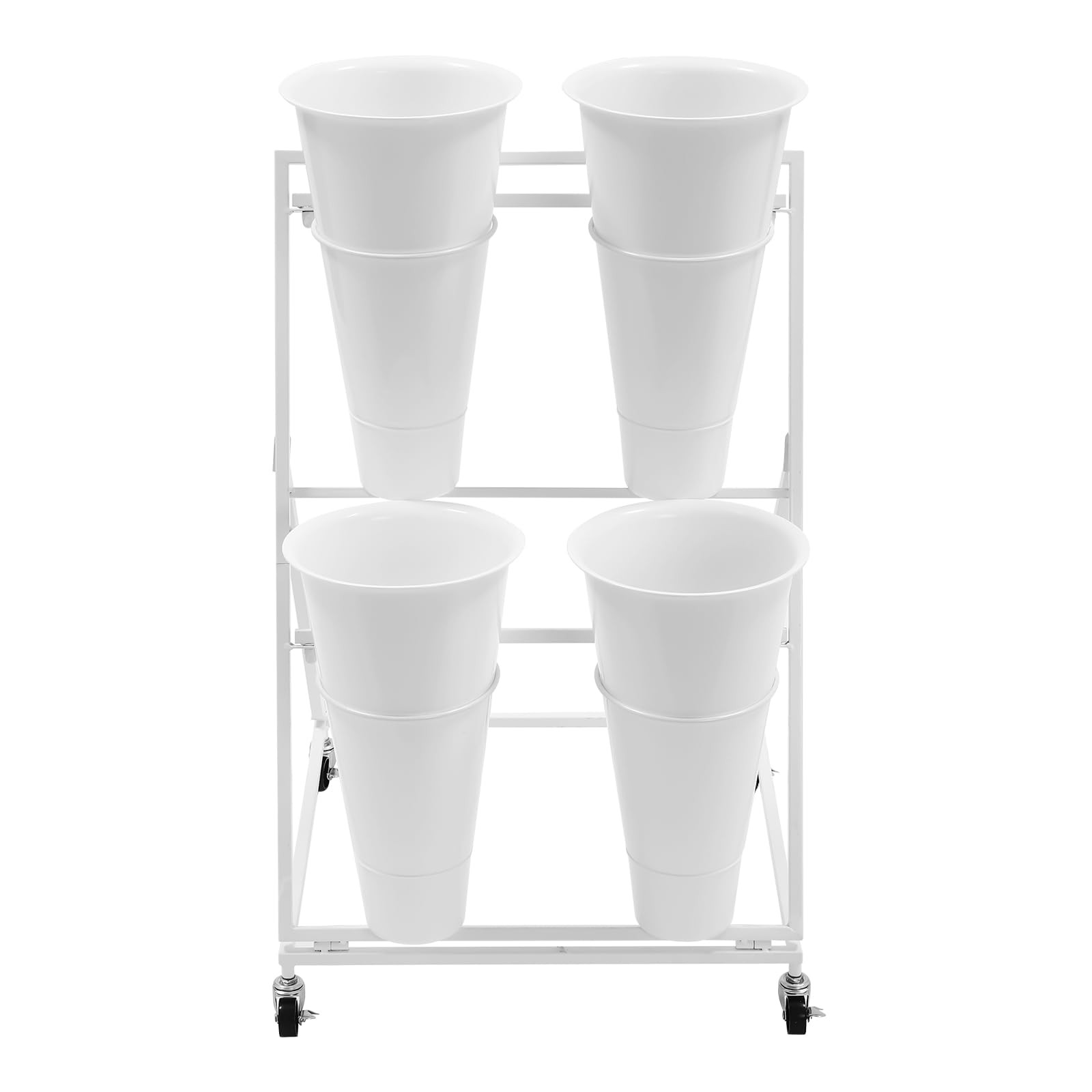 Heavy Duty Iron Flower Stand with Wheels 2 Layers 4 Plastic Buckets White