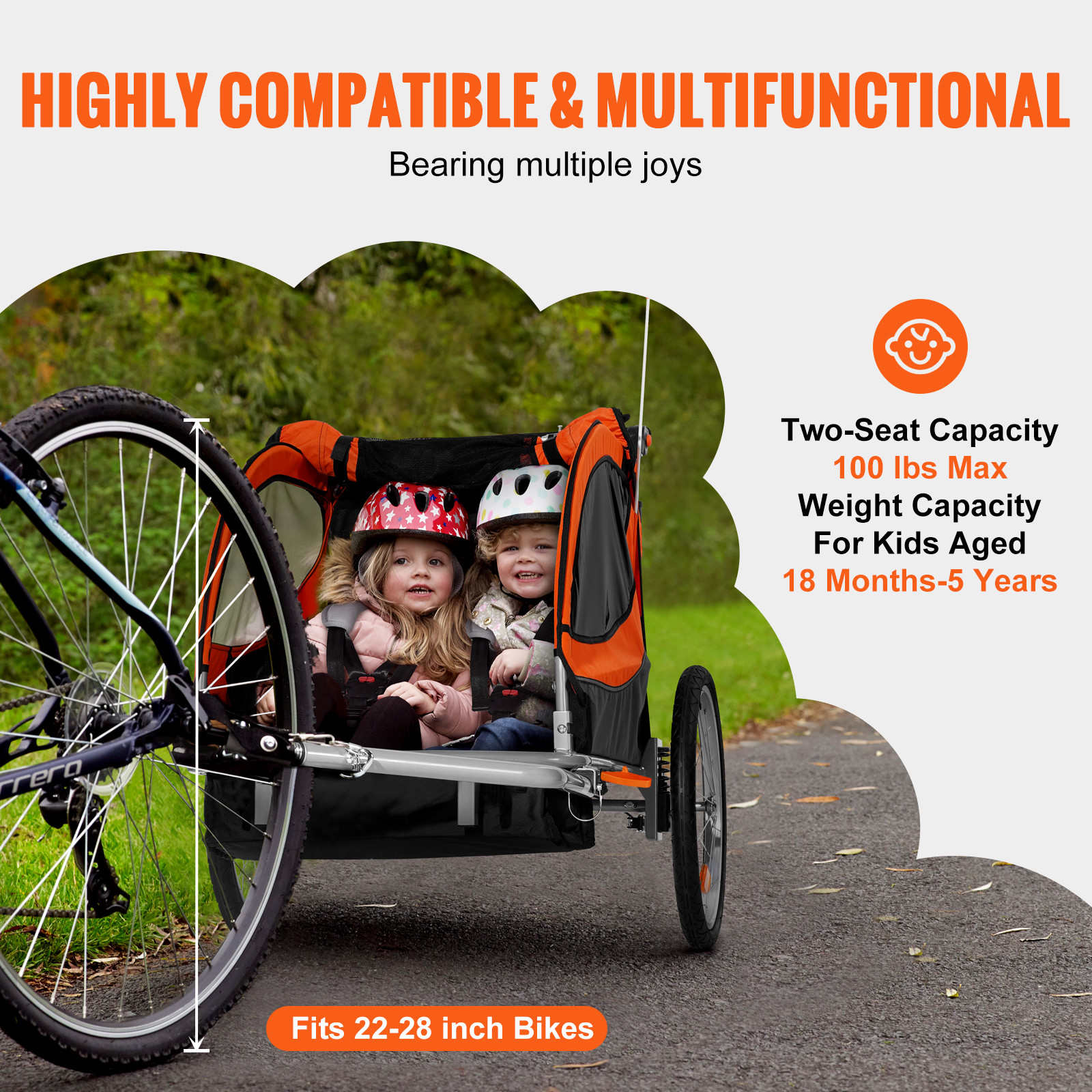 VEVOR Child Bike Trailer Foldable 2 Seater Stroller Double Kids Carrier 100 lbs