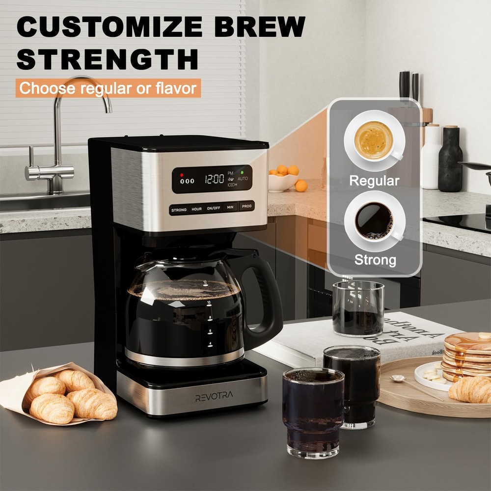 REVOTRA 12-Cup Programmable Coffee Maker, Regular & 12 Cup, Silver/Black