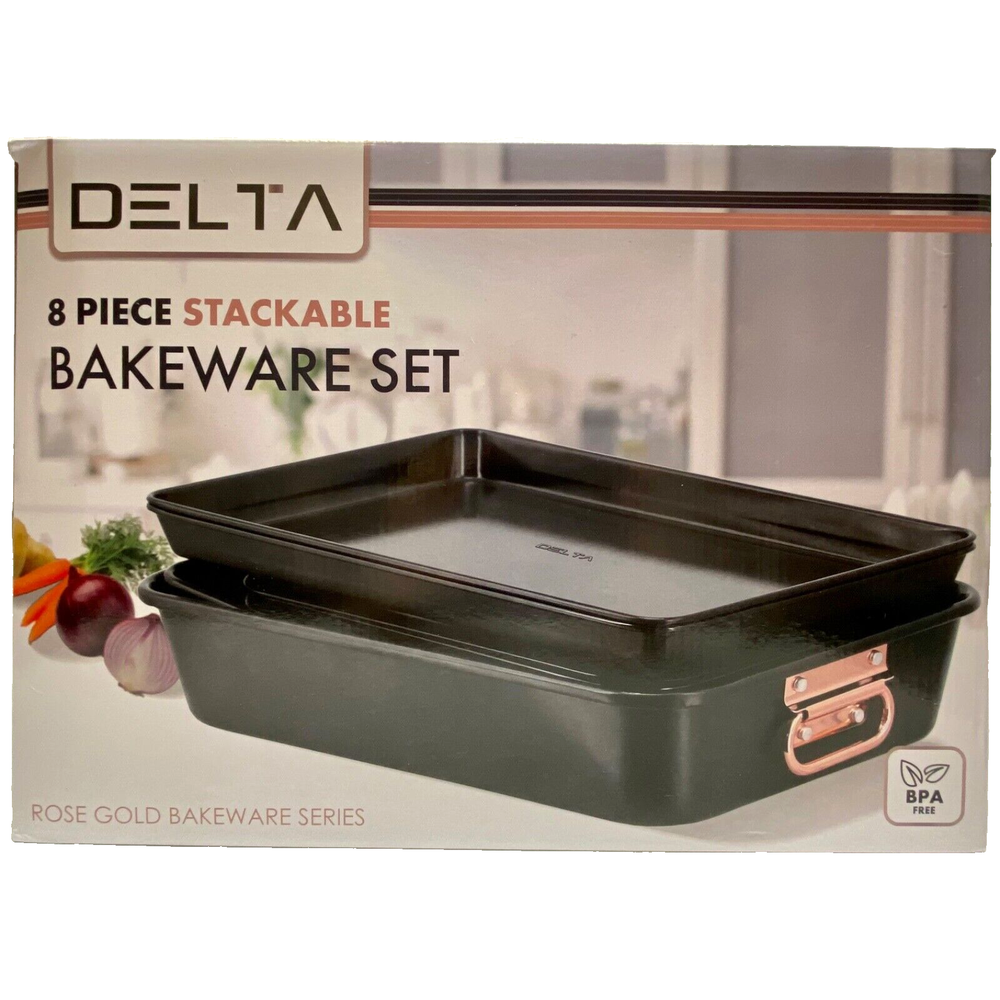 Delta 8 Piece Nonstick Stackable Bakeware Set Matte Black Rose Gold Trim NIB