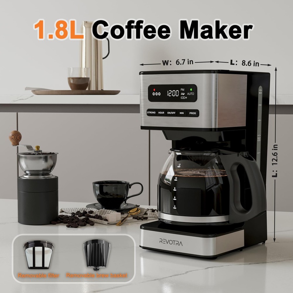 REVOTRA 12-Cup Programmable Coffee Maker, Regular & 12 Cup, Silver/Black