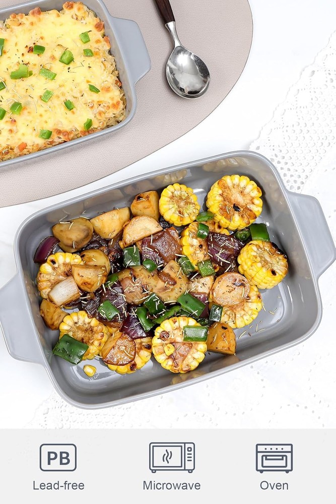 Ceramic Baking Pan Set: 3 Piece Baking Pan Set with Handles Dishwasher Safe Gray