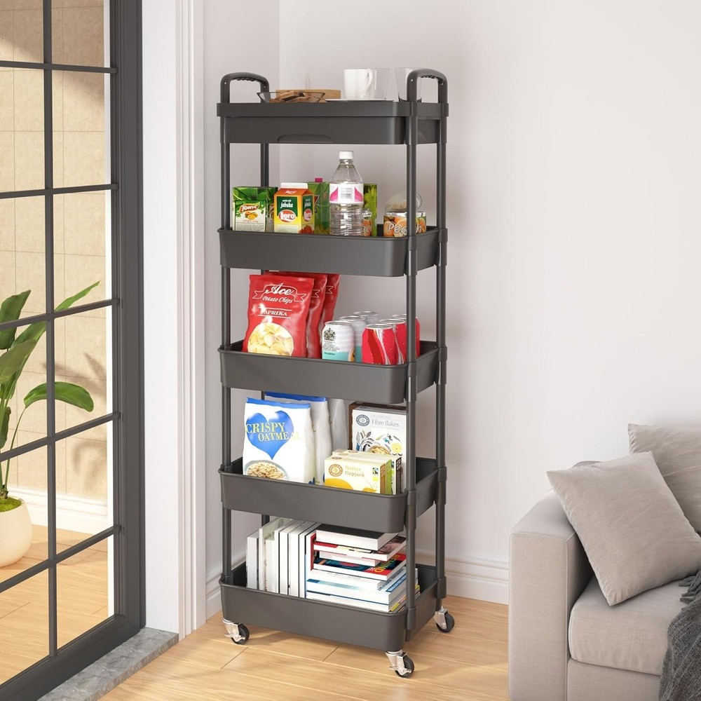 5-Tier Black Rolling Utility Cart with Drawer – Multifunctional Storage Solution