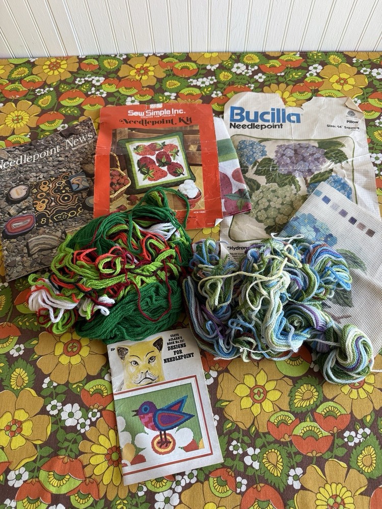 Vintage Strawberry & Hydrangeas Needlepoint Pillow Kits & Books