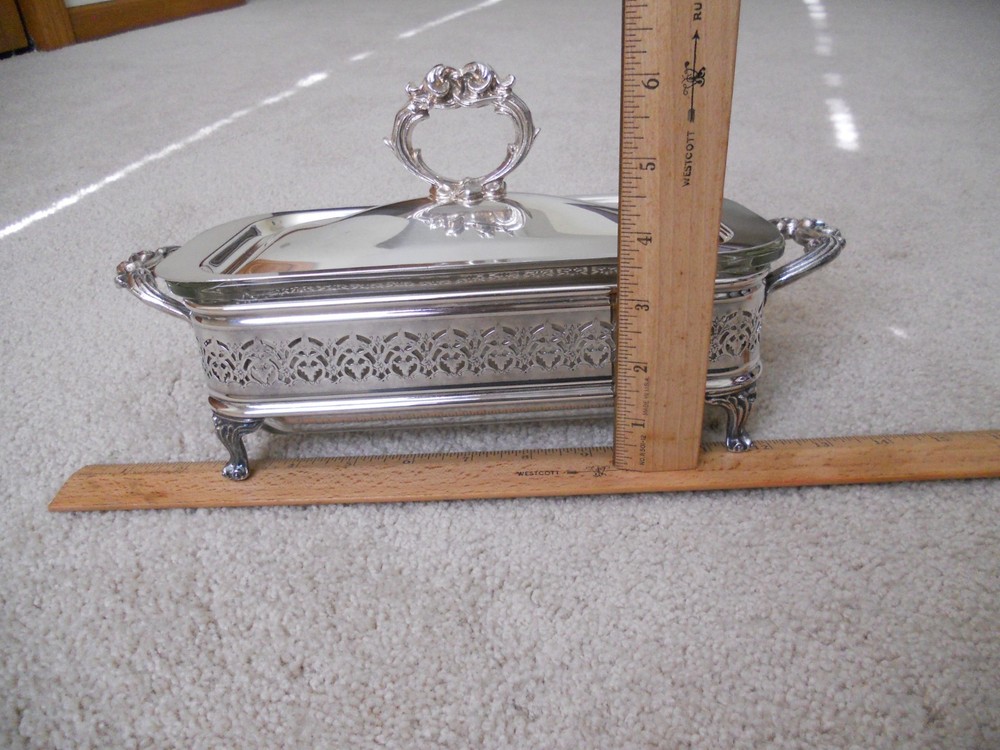 Silverplate Rectangular Platter Tray with Lid and 1.5 Qt Pyrex Glass Insert