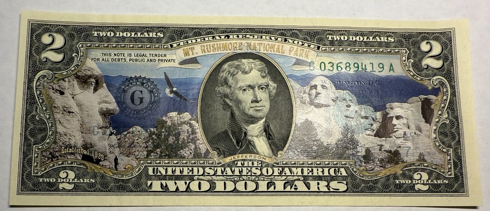 $2 bill. UNC colorized MOUNT RUSHMORE SD NATIONAL PARK theme. #33