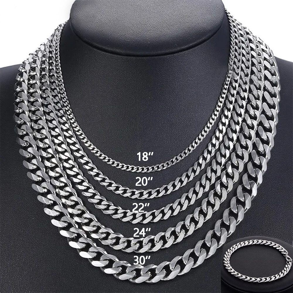 16-30" Stainless Steel Silver Chain Cuban Curb Necklace 3/5/7/9/11mm Womens Mens
