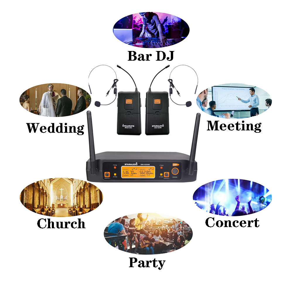 Headset Lavalier Bodypack Microphone Dual Channel Wireless UHF Microphone System