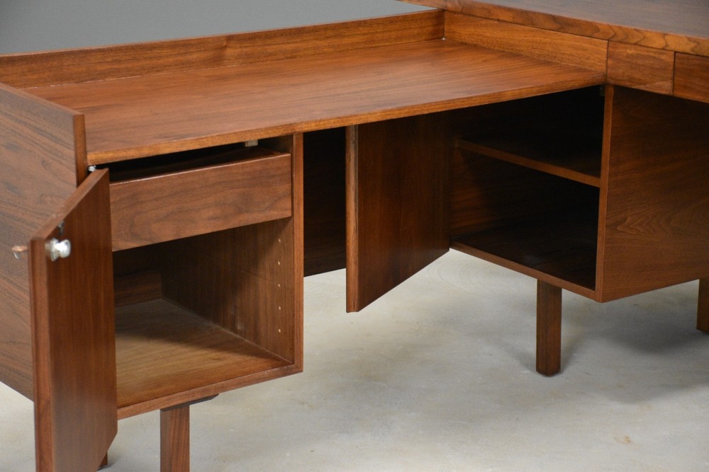 Refinished L Shaped Walnut Mid Century Desk