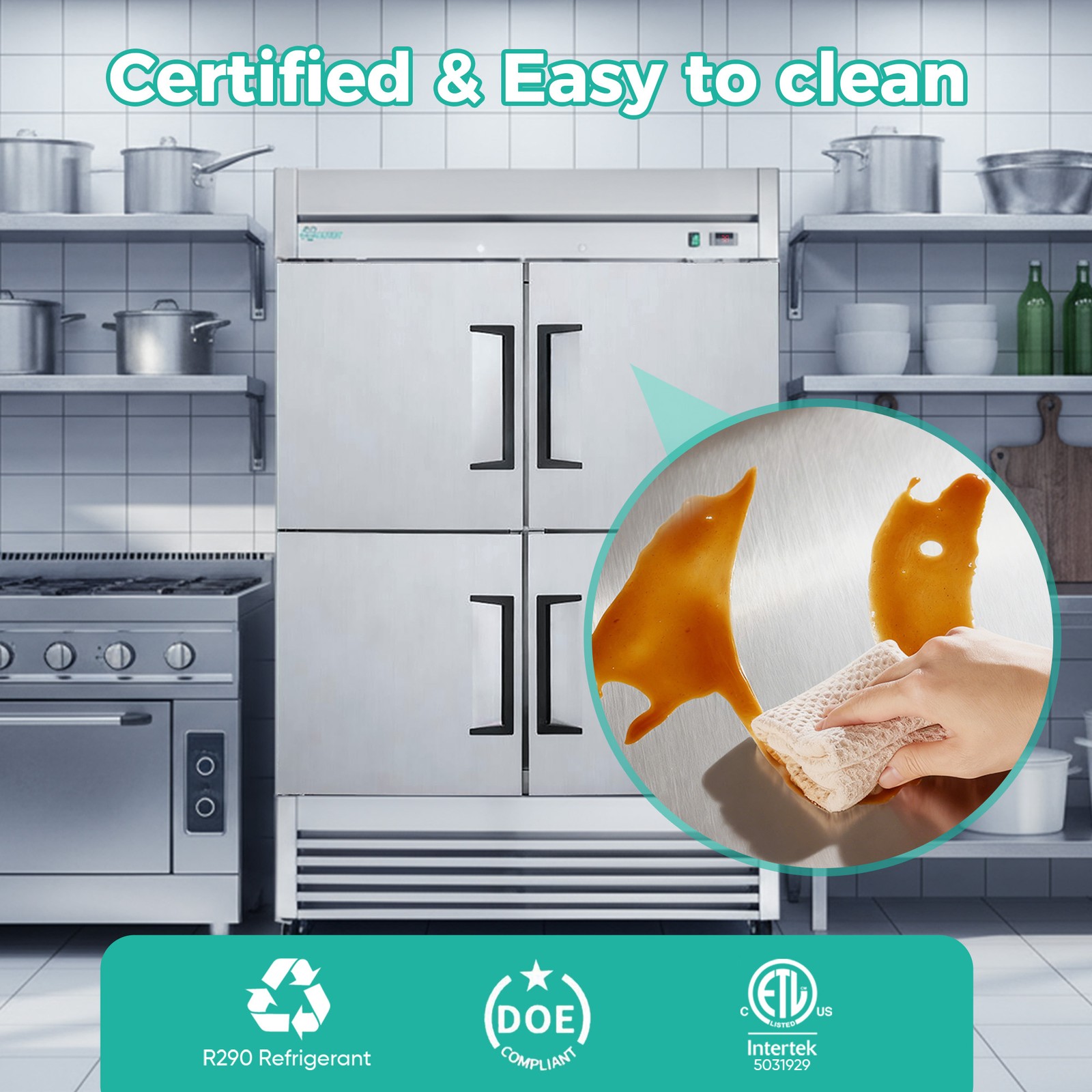 54" Commercial Refrigerator 49 Cu.Ft 4-Door 32–37℉ Air Cooling 6 Shelves, R290