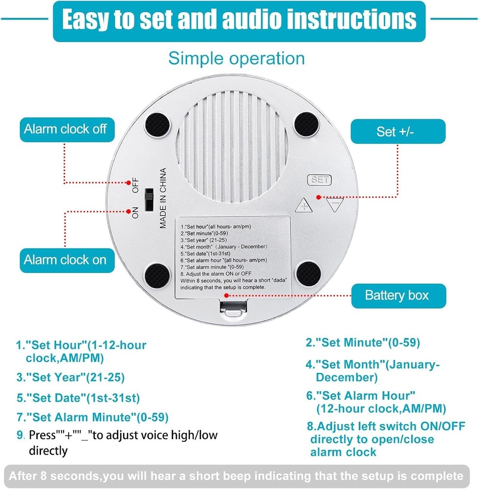 Large Talking Button Clock, Talking Alarm Clock with Volume Control, Telling ...