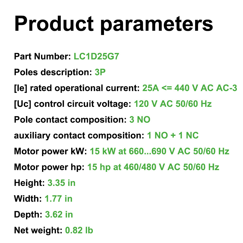 NEW TeSys Deca LC1D25G7 AC 25A replace Schneider LC1D25G7 3P Contactor 120V coil