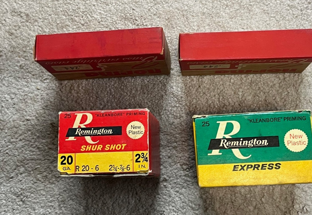 4 Vintage Empty Ammo Boxes 2 Remington (12 & 20) Shell boxes, 2 Norma 244 boxes