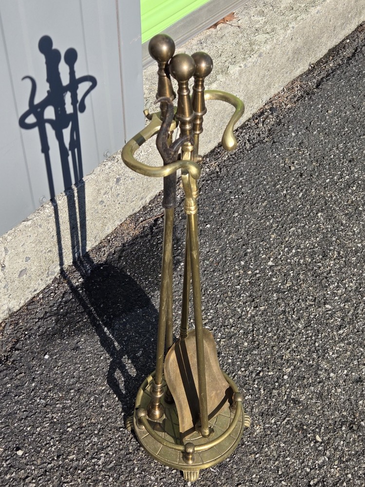 Vintage Solid Brass Fireplace 3 Tools with Stand Set 4x PIECE Round Claw Footed