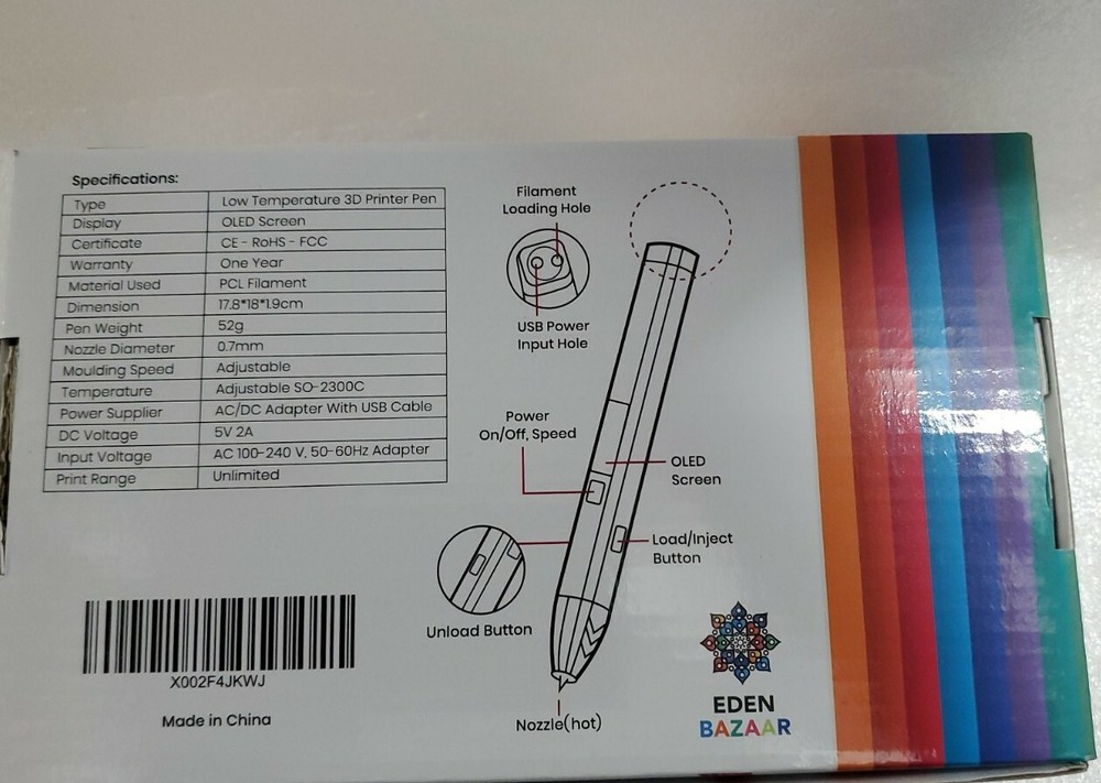 Eden Bazaar 3D Printer Pen OLED display. 0.7mm Nozzle diameter includes Filament