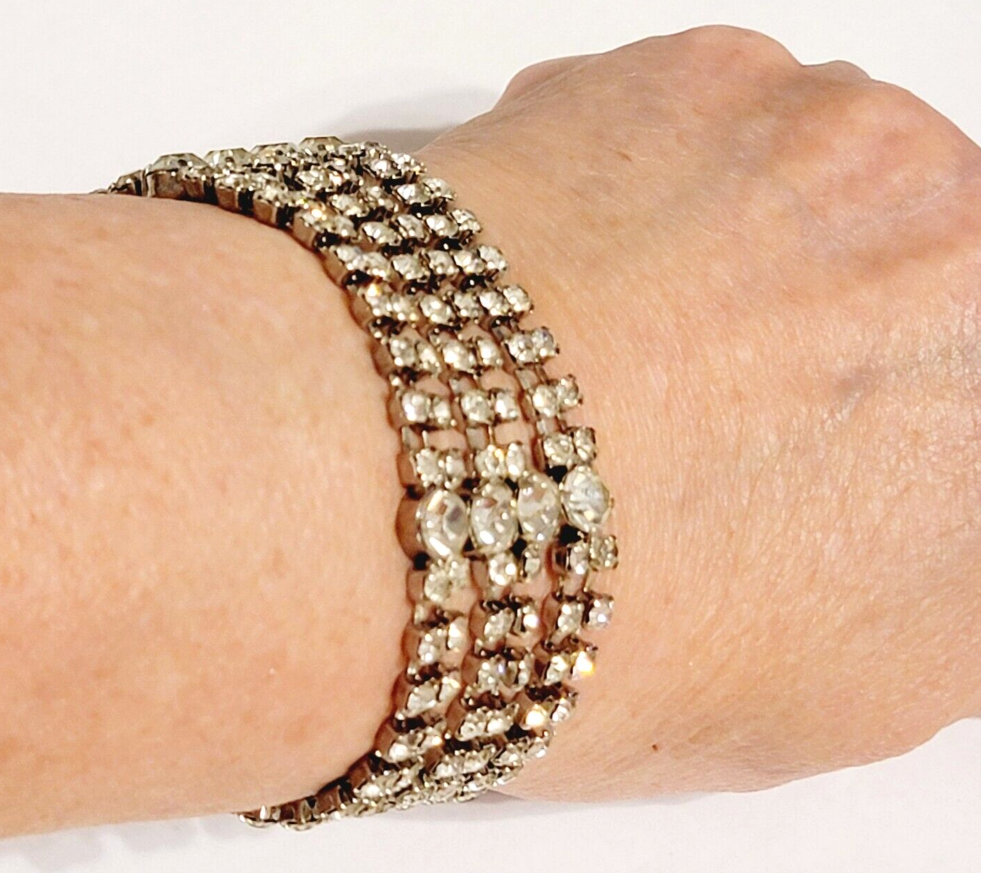Mid-century Wide Rhinestone Bracelet, Sparkly Glass Vintage Statement Bracelet
